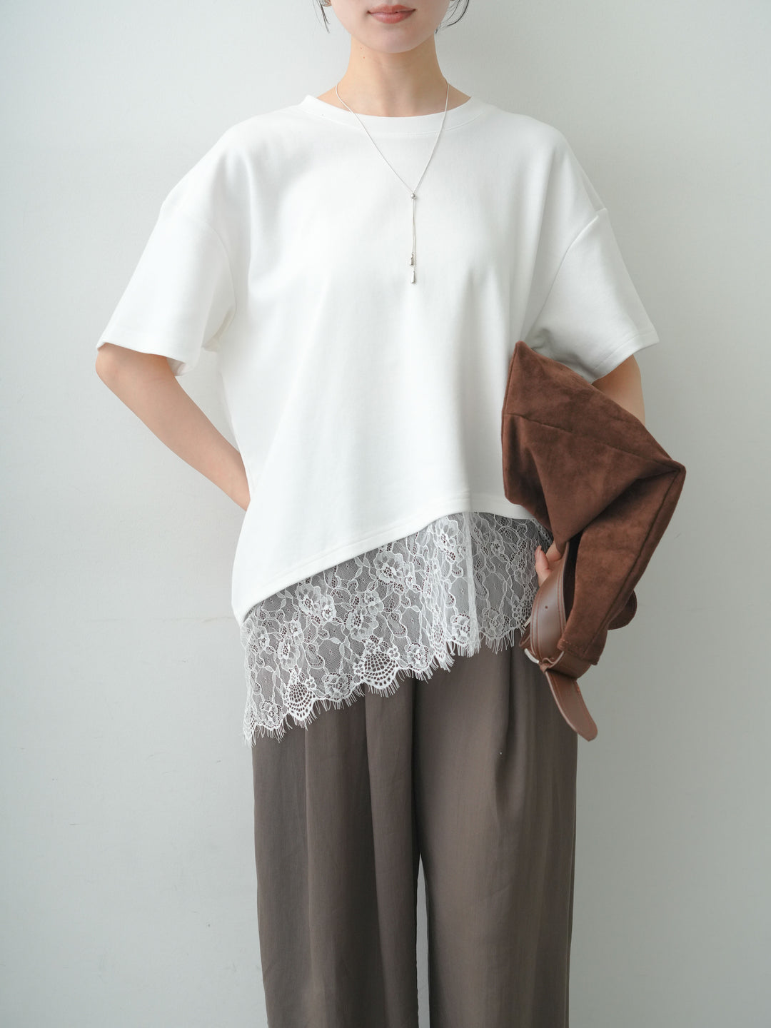 [SET]アシメレースヘムワイドTEE+ベルトデザインタックドレープワイドパンツ(2set)