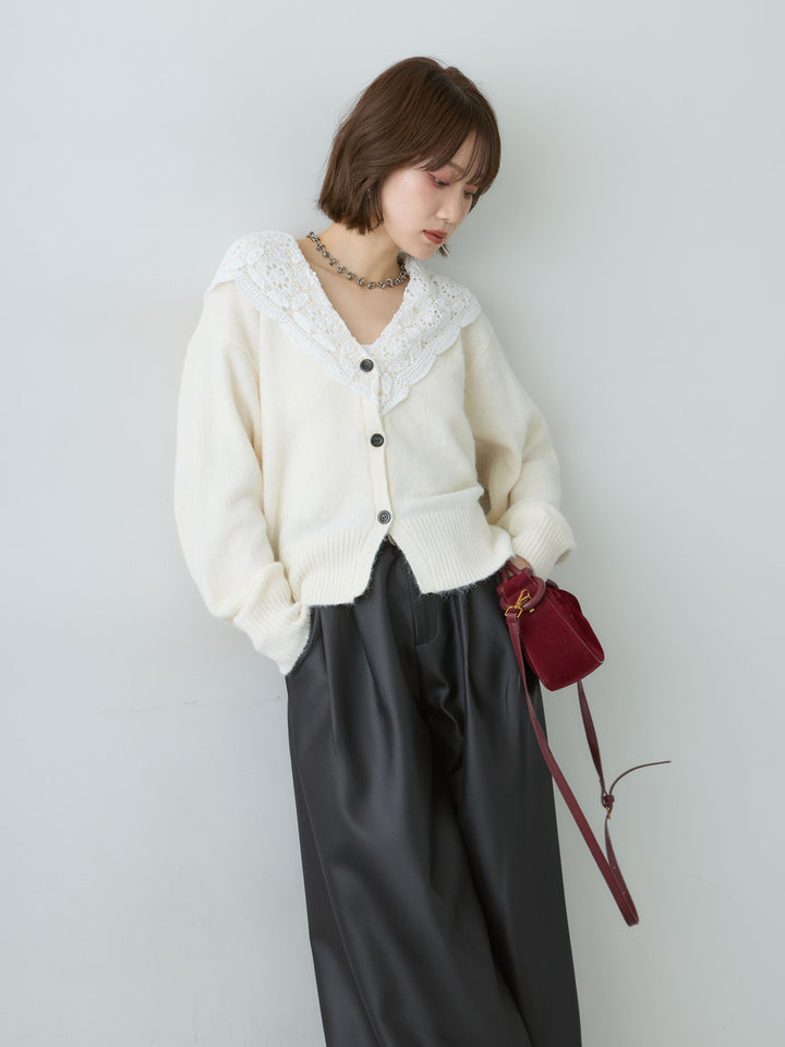 [SET]モヘアレースショールカラーカーディガン+サテンタックワイドパンツ(2set)