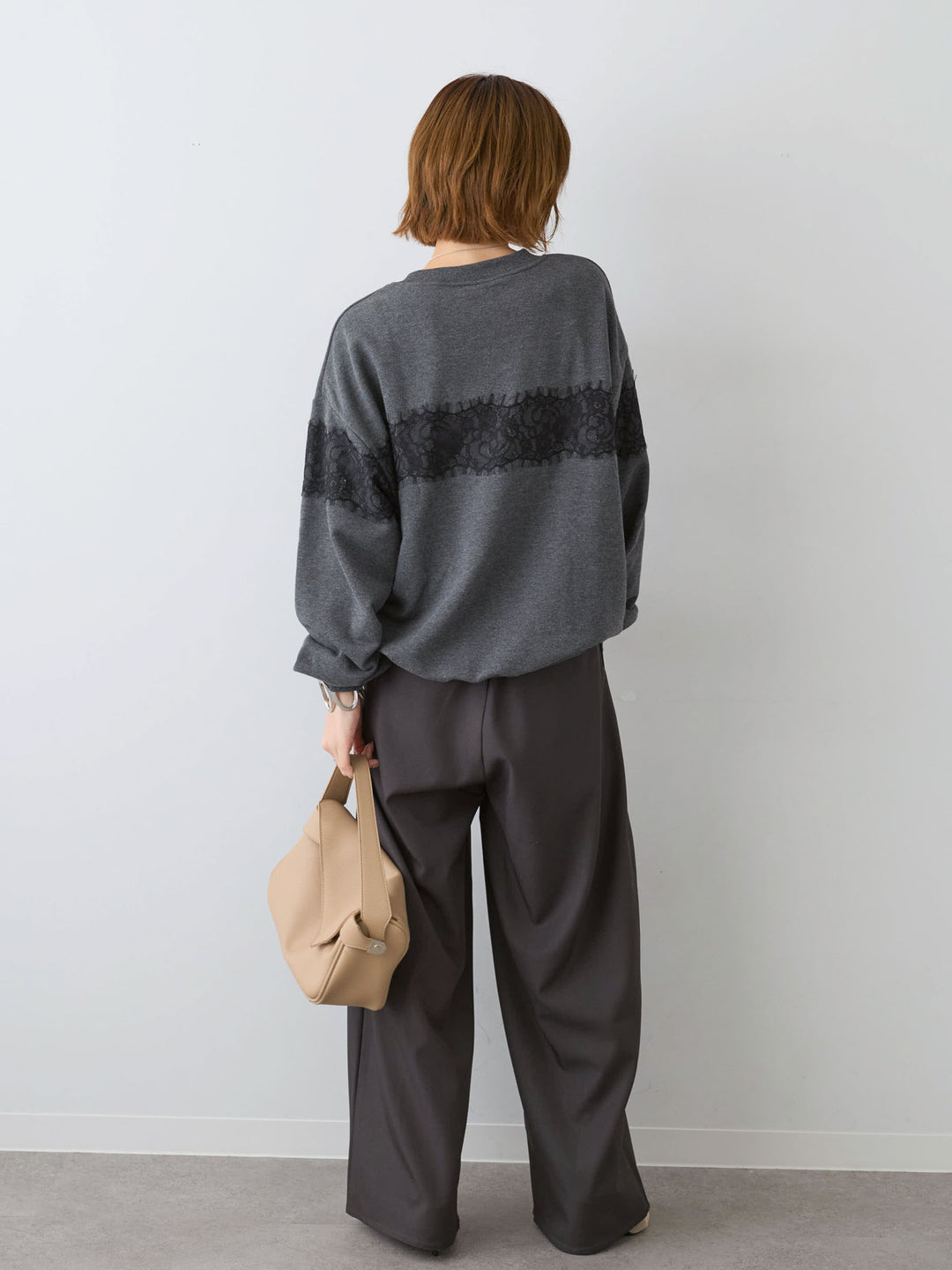 [SET]裏毛レースドッキングプルオーバー+ツイルタックワイドパンツ(2set)