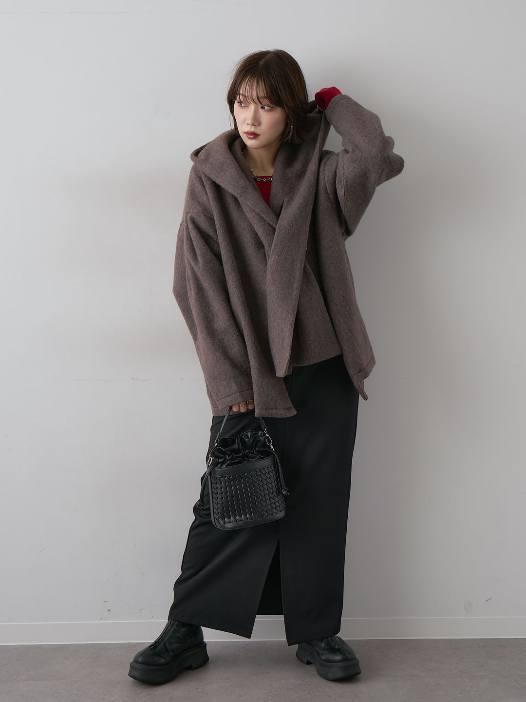 [SET]フードマフ付メランジコート+クレープデシンフラップ付きストレートスカート(2set)