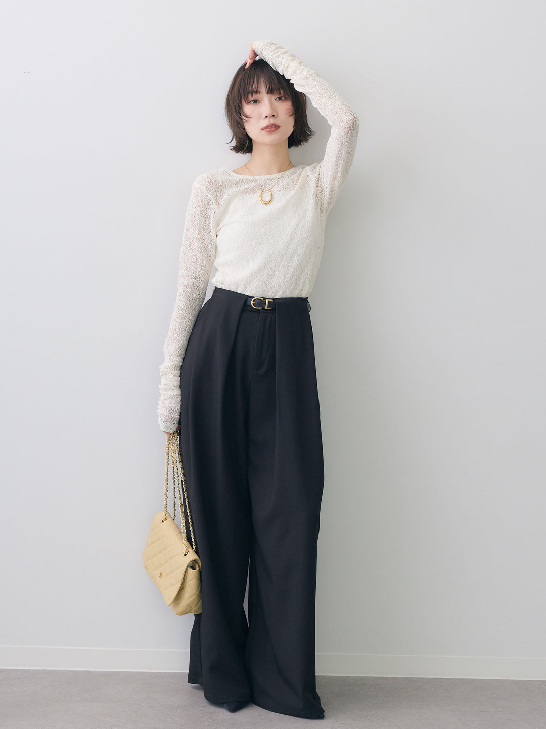 [SET]メッシュレースバックオープントップス+ベルトループデザインワイドパンツ(2set)