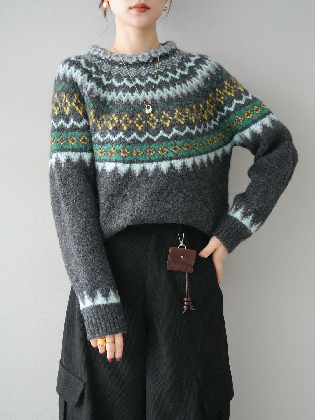 [予約]ウールタッチ求心柄オーバーニットプルオーバー/gray