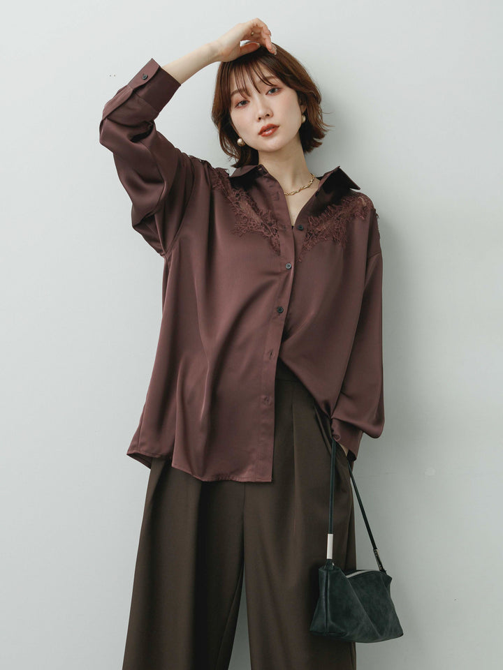 [SET]サテンレース切り替えシャツ+ツイルタックワイドパンツ(2set)