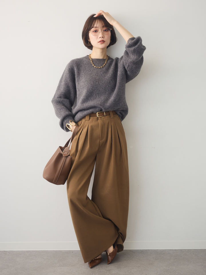 [SET]ソフトヘアリークルーネックニットトップス+ダブルタックドレープストレートワイドパンツ(2set)