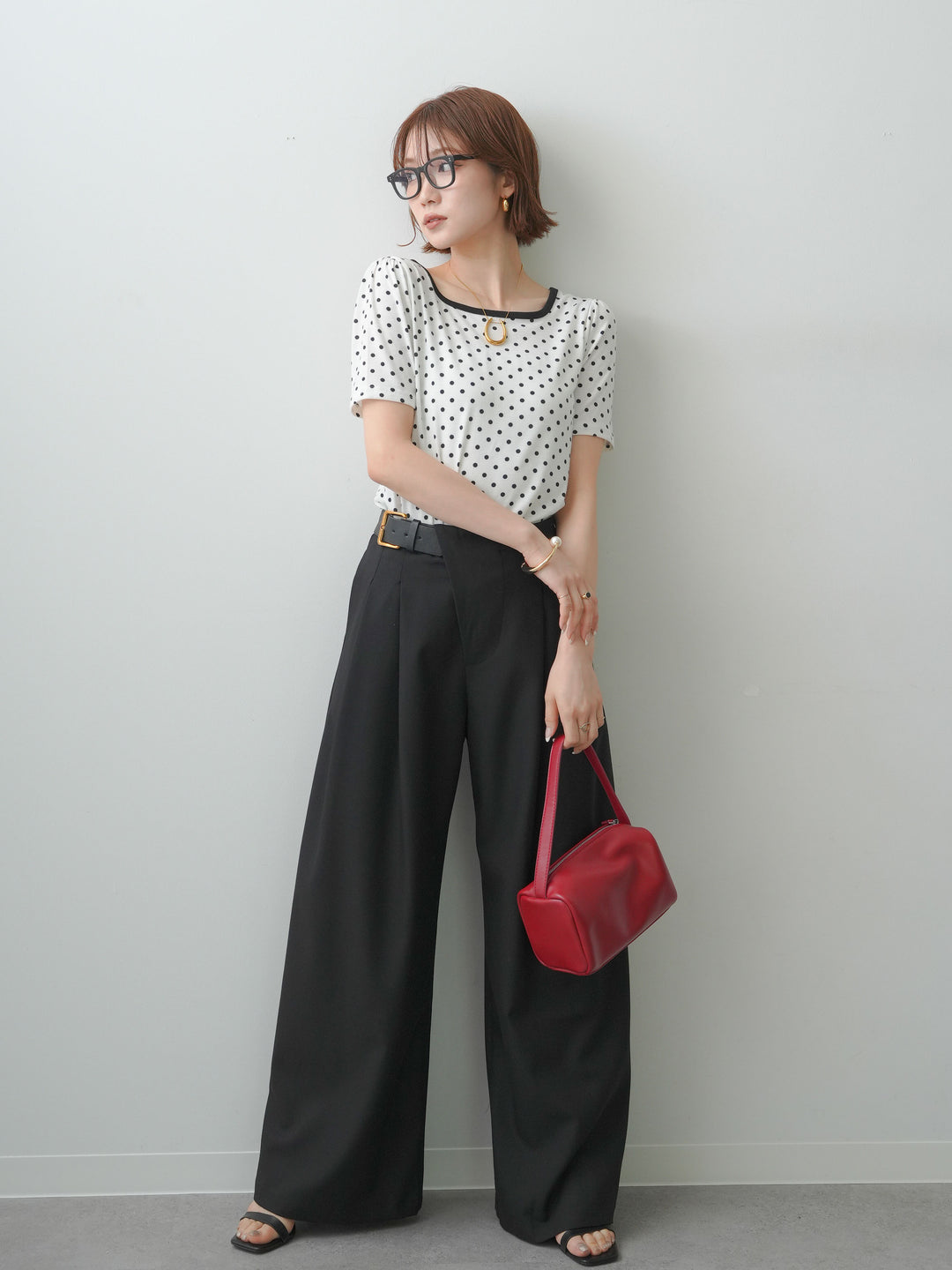 [SET]前後2wayドットバイカラーパイピングTEE+アシンメトリーベルトタックワイドパンツ(2set)