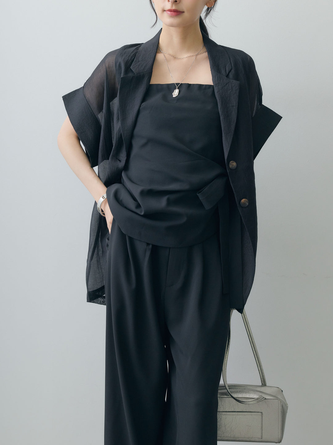[SET]アシメサイドリボンベアトップス＆タックワイドストレートパンツSET UP(2SET)+シアーオーバー半袖ジャケット(2set)