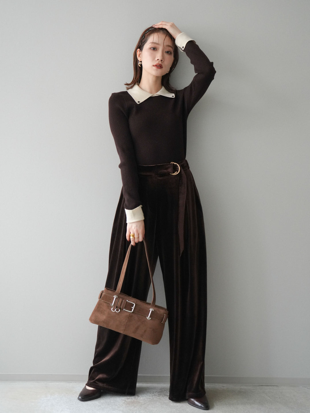 [予約]ベロアベルトスリムパンツ/brown