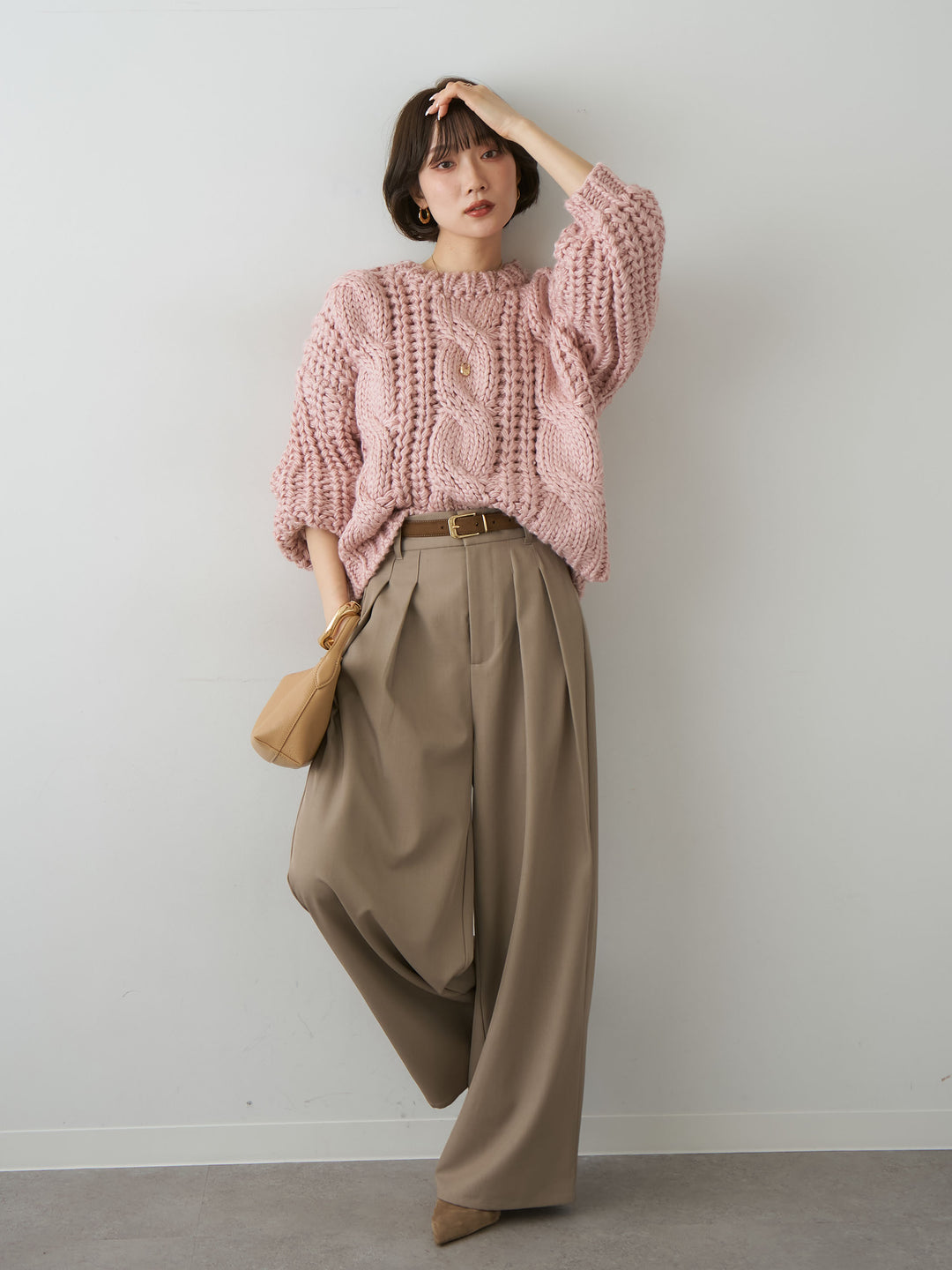 [SET]ボリュームケーブルニットプルオーバー+ツイルタックワイドパンツ(2set)