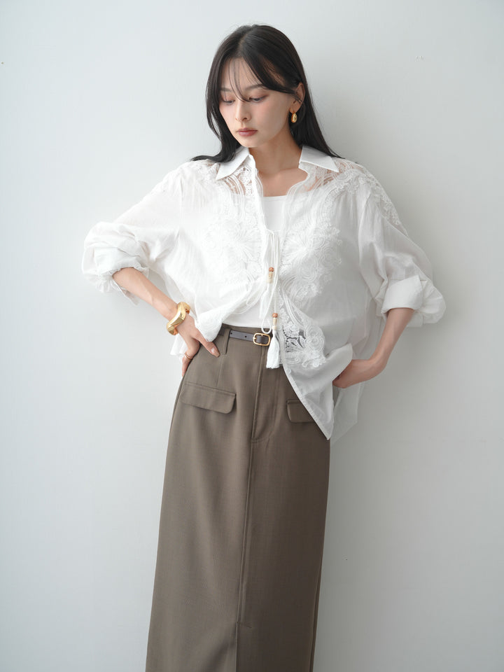 [SET]フロントレースリネンブラウス+クレープデシンフラップ付きストレートスカート(2set)