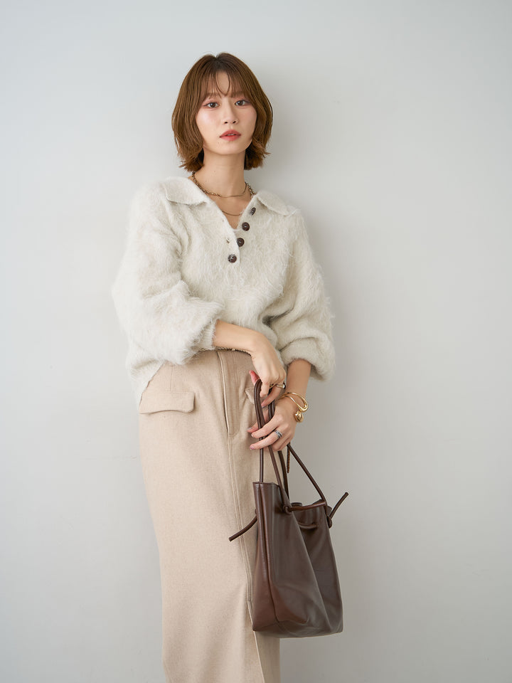 [SET]ヘンリーシャギーニットトップス+メルトンフラップ付ストレートスカート(2set)