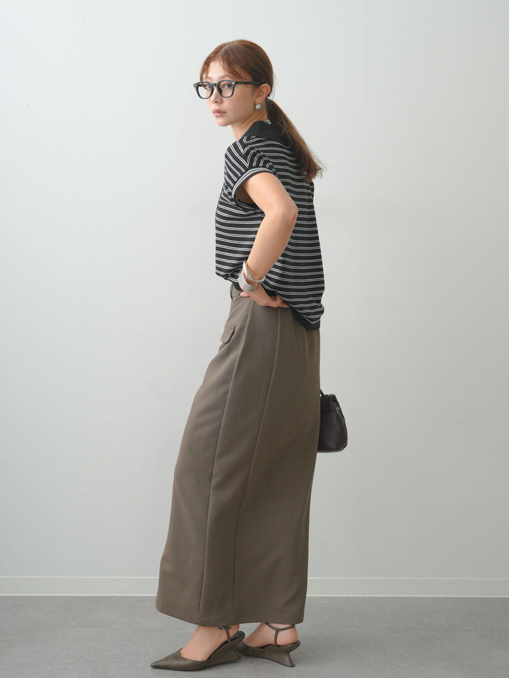 [SET]ポロニットボーダートップス+クレープデシンフラップ付きストレートスカート(2set)