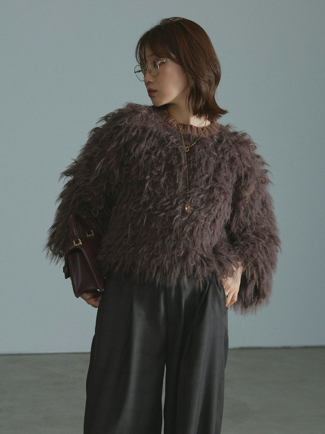 [予約]ミックスシャギーループニットプルオーバー/brown