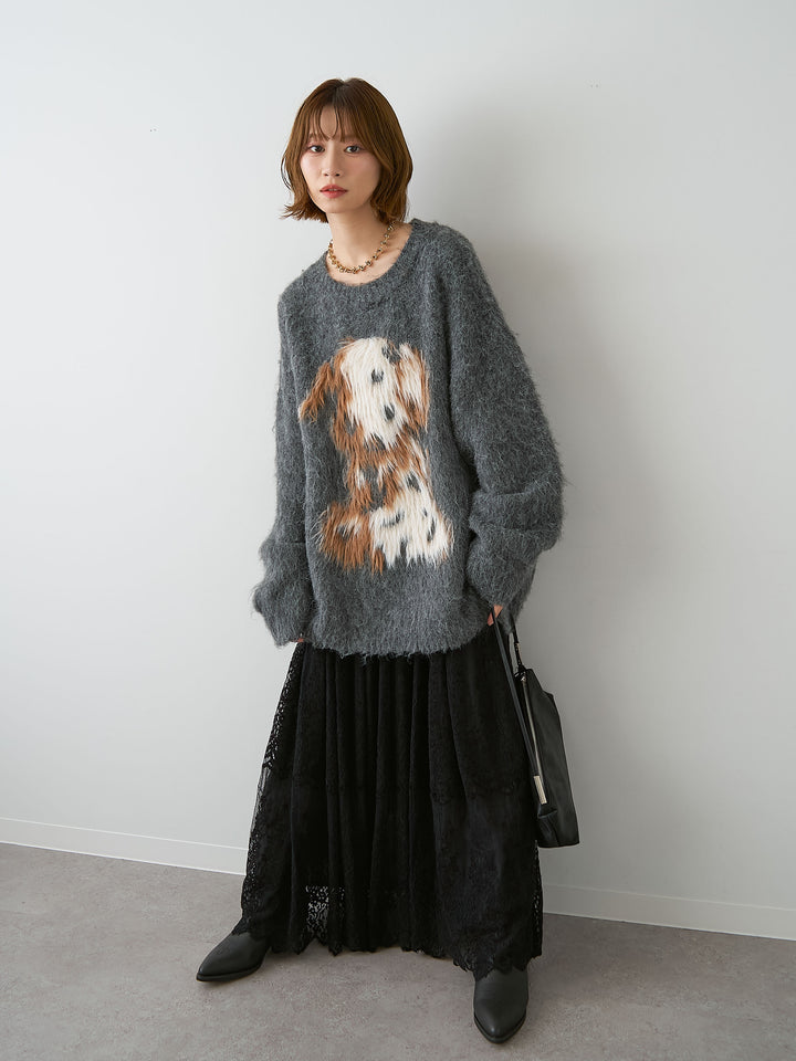 [予約]シャギードッグモチーフニットトップス/gray
