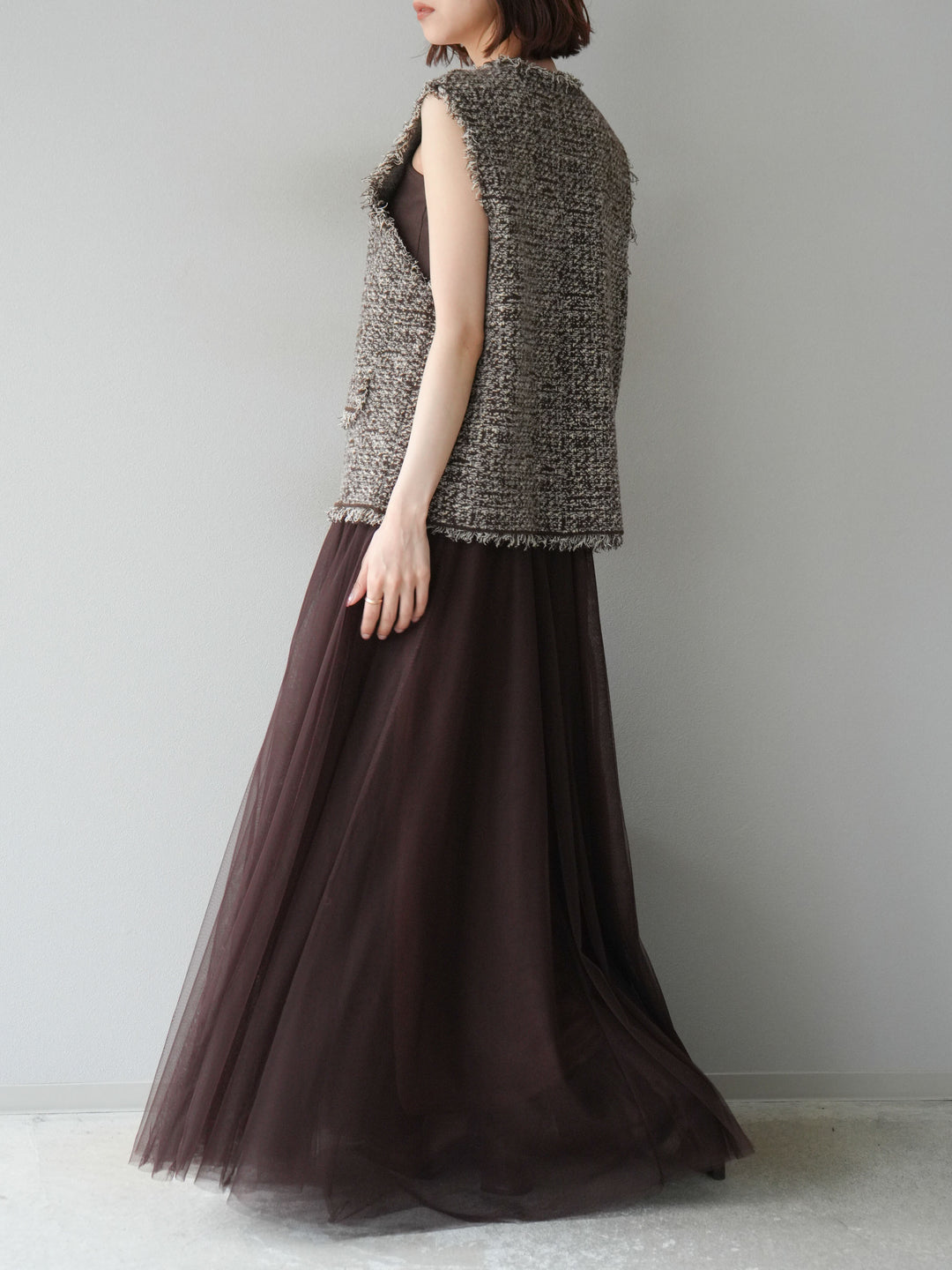 [予約]ミックスツイードフリンジニットベスト/ブラウン