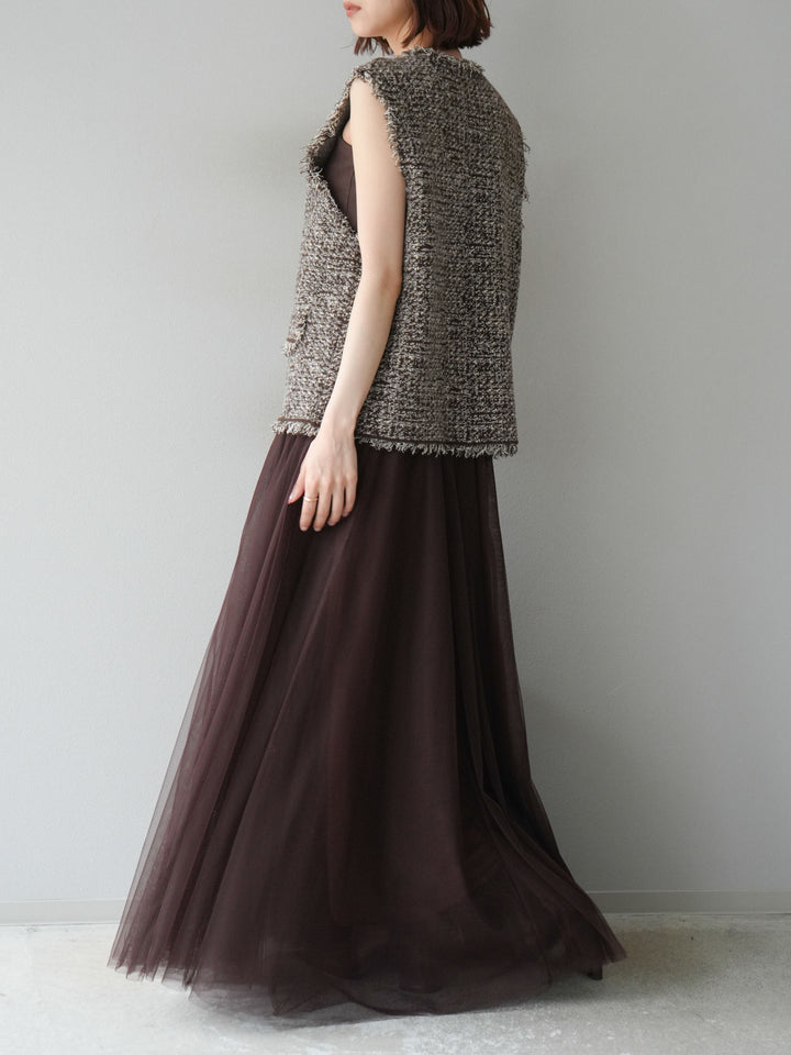 [予約]ミックスツイードフリンジニットベスト/ブラウン