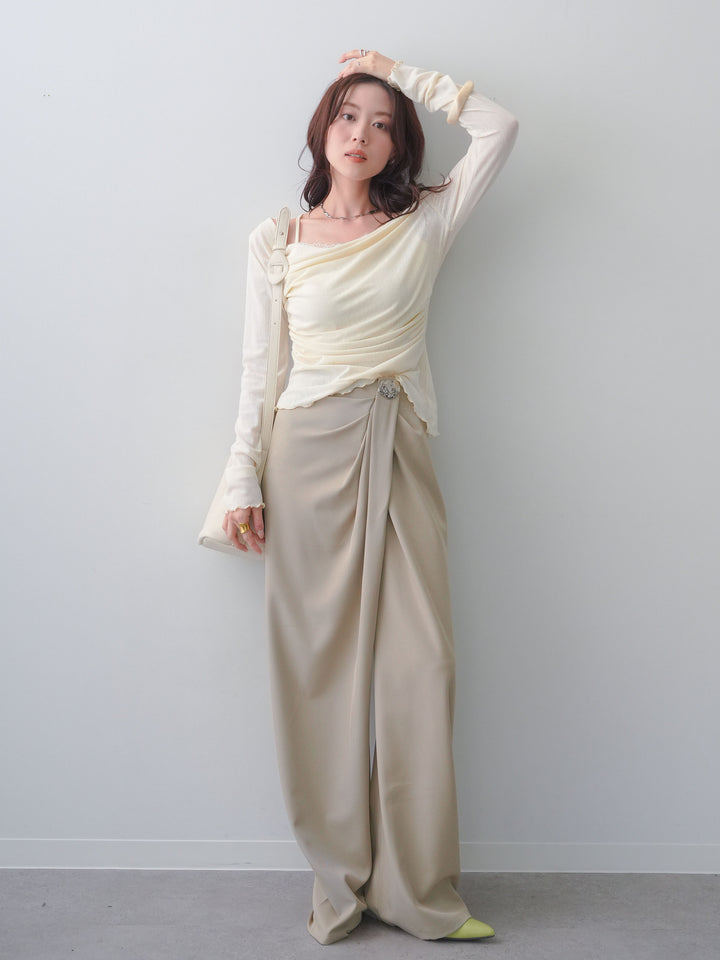 [SET]レースレイヤードデザインドレープシアートップス+シルバーモチーフドレープパンツ(2set)