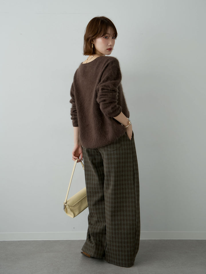 [SET]カシミア混フェザータッチVネックニットトップス+チェックサイドベルトデザインタックパンツ(2set)