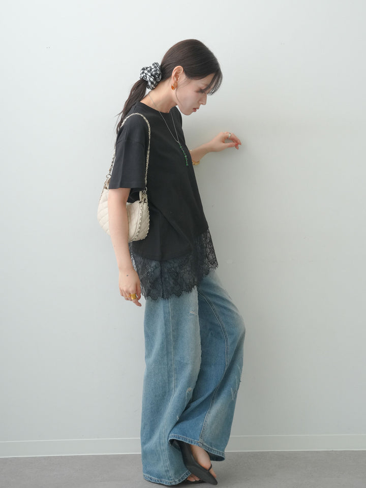 [SET]アシメレースヘムワイドTEE+グラフィックスクラッチワイドデニム(2set)