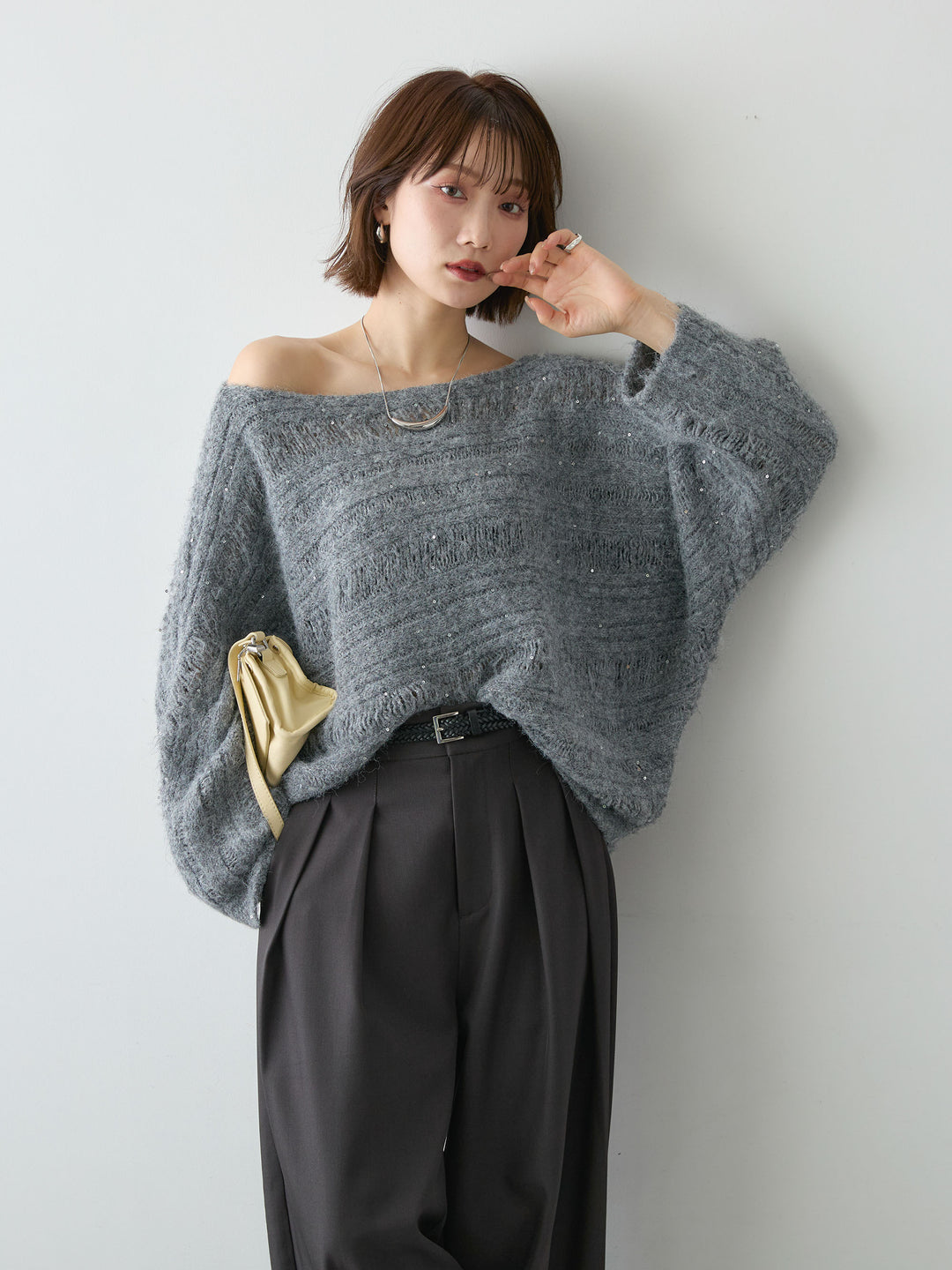 [SET]ミックス透かし編ワイドネックニットトップス+ツイルタックワイドパンツ(2set)