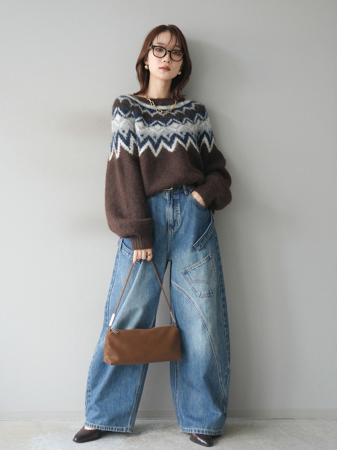 [SET]求心柄オーバーニットプルオーバー+ペインターカーブデニムパンツ(2set)