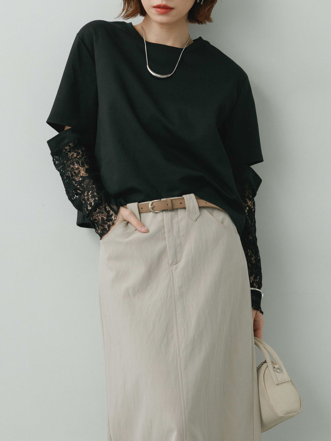 [SET]レーススリーブトップス+レザータッチフリンジスカート(2set)