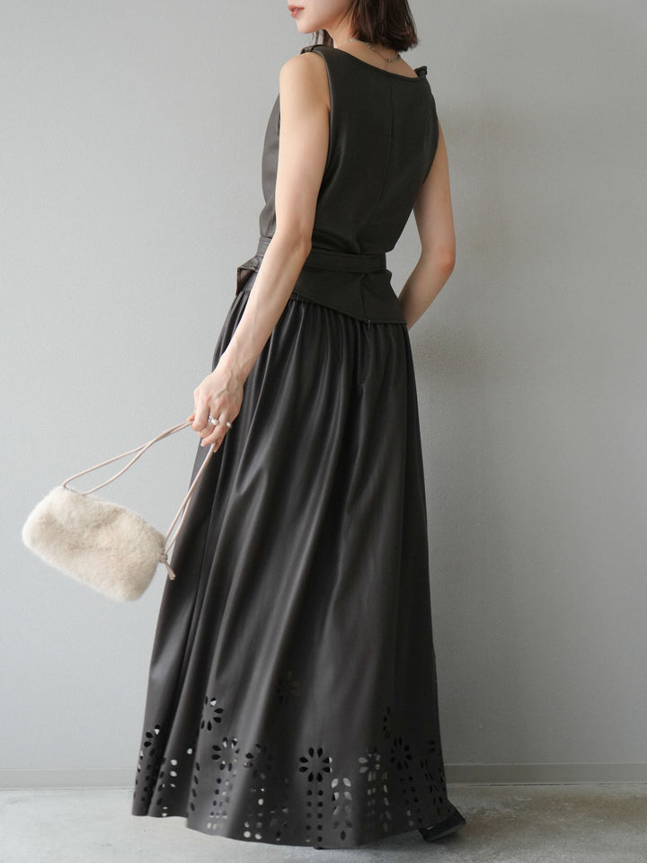 [予約]フラワーパンチングレザースカート/ブラウン