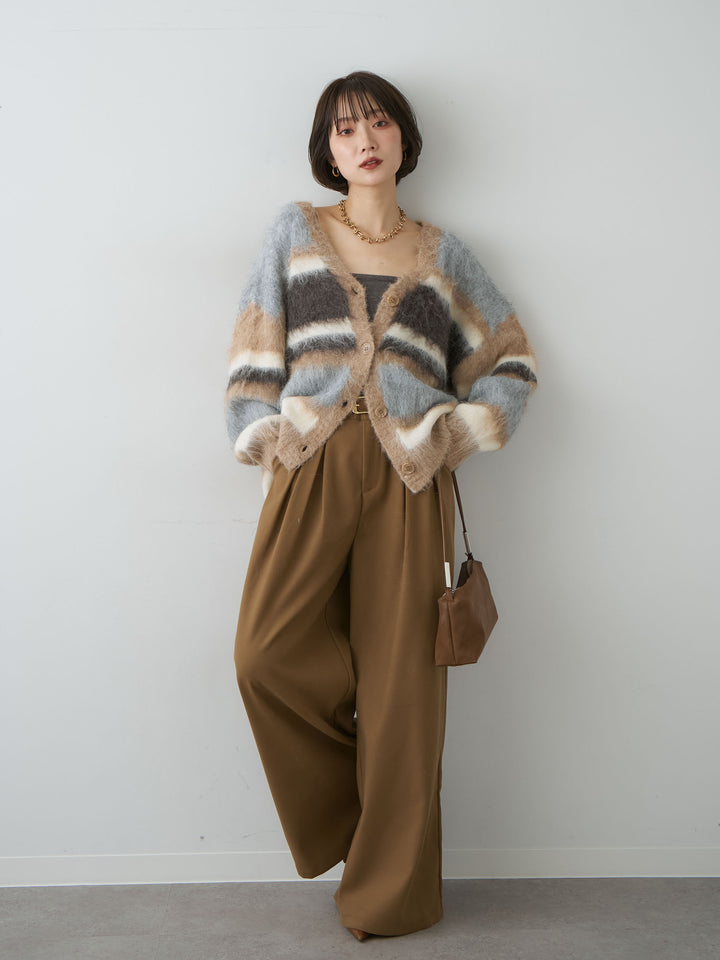 [SET]カラフルシャギーボーダーカーディガン+ダブルタックドレープストレートワイドパンツ(2set)