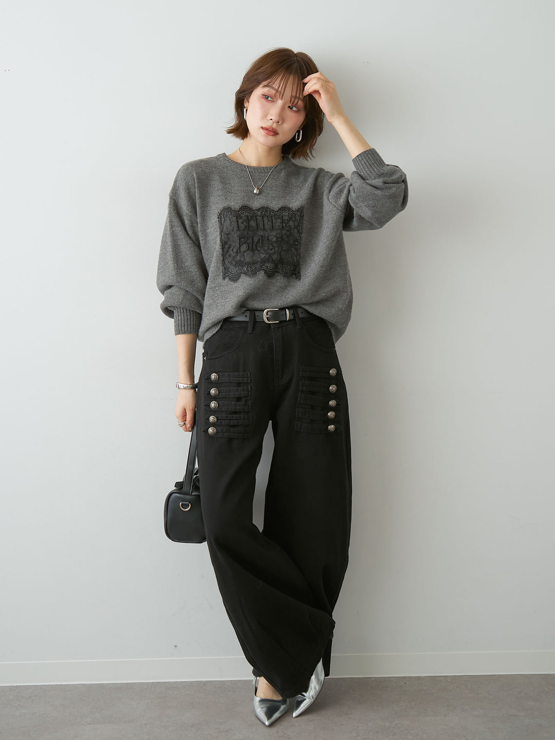 [SET]アルパカタッチ刺繍レースロゴニットプルオーバー+ナポレオンコットンカーブパンツ(2set)