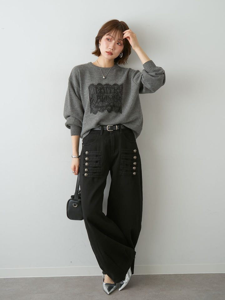 [SET]アルパカタッチ刺繍レースロゴニットプルオーバー+ナポレオンコットンカーブパンツ(2set)