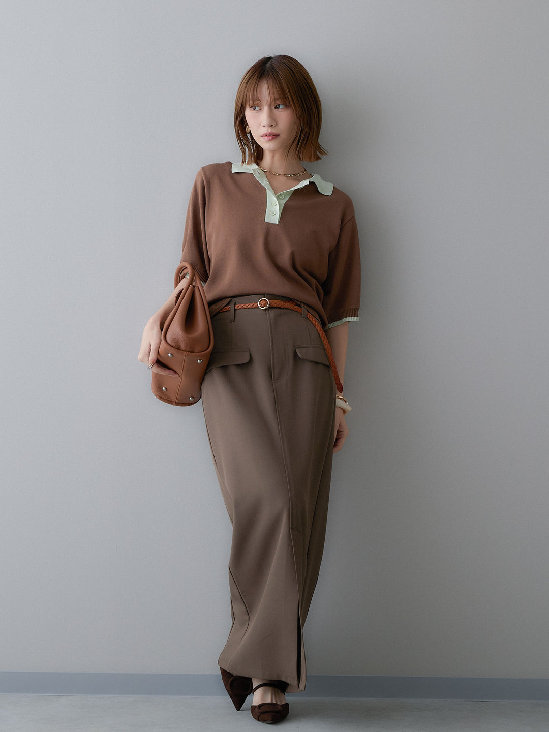 [SET]クールタッチバイカラーハーフニットポロ+クレープデシンフラップ付きストレートスカート(2set)