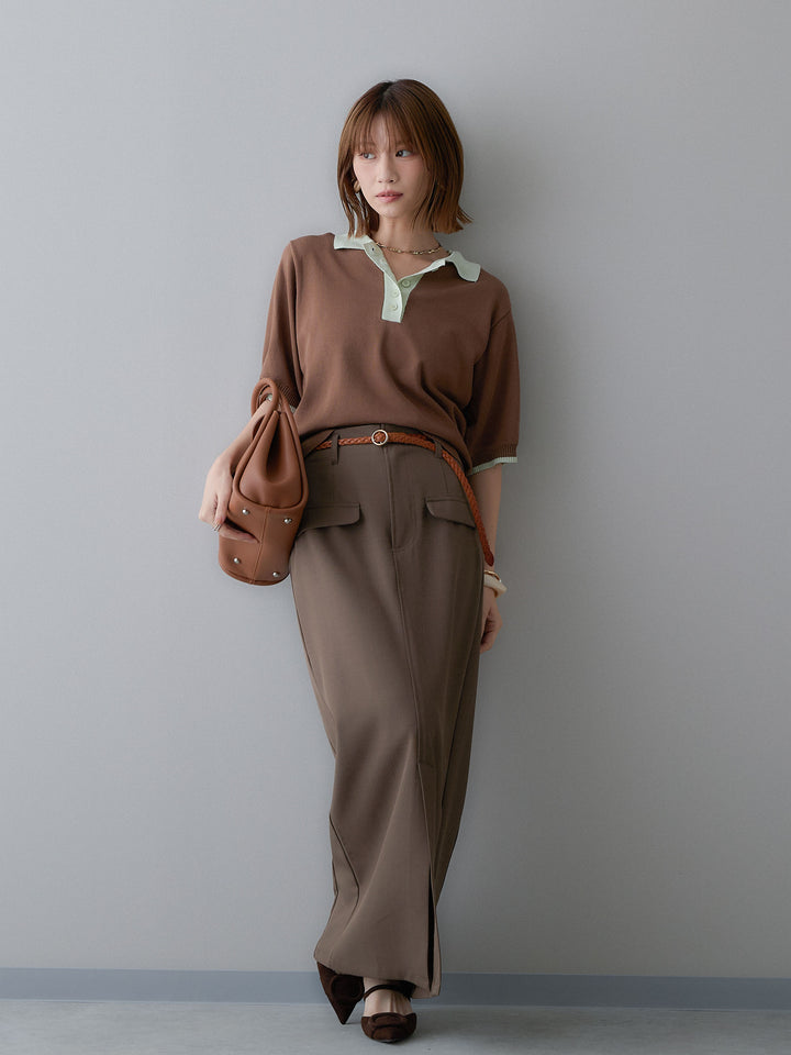 [SET]クールタッチバイカラーハーフニットポロ+クレープデシンフラップ付きストレートスカート(2set)