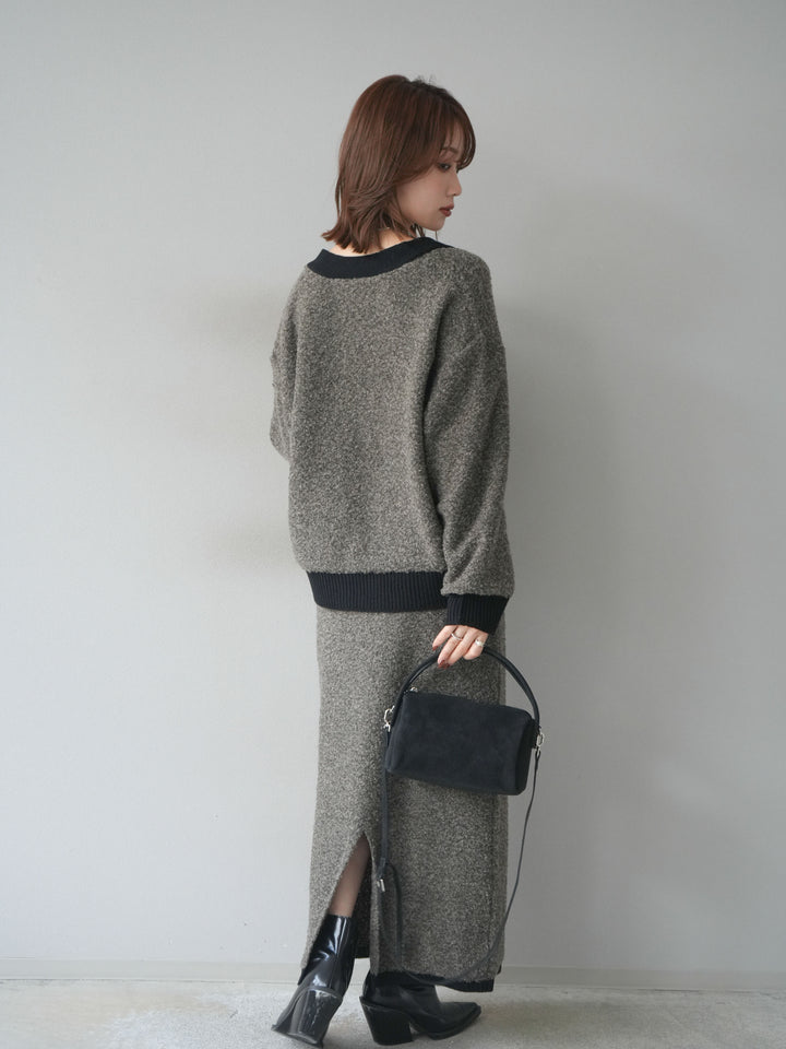 [SET]ブークレバイカラーニットカーディガン+ブークレバイカラータイトニットスカート(2set)