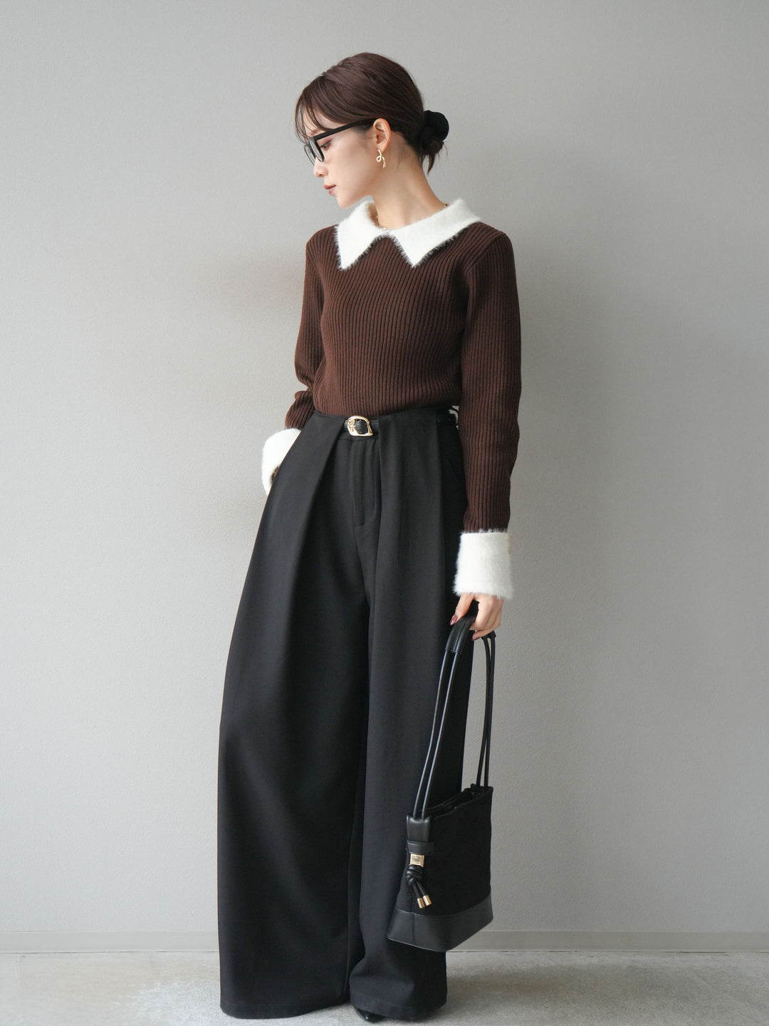[SET]シャギー襟リブニットトップス+ベルトループデザインワイドパンツ(2set)