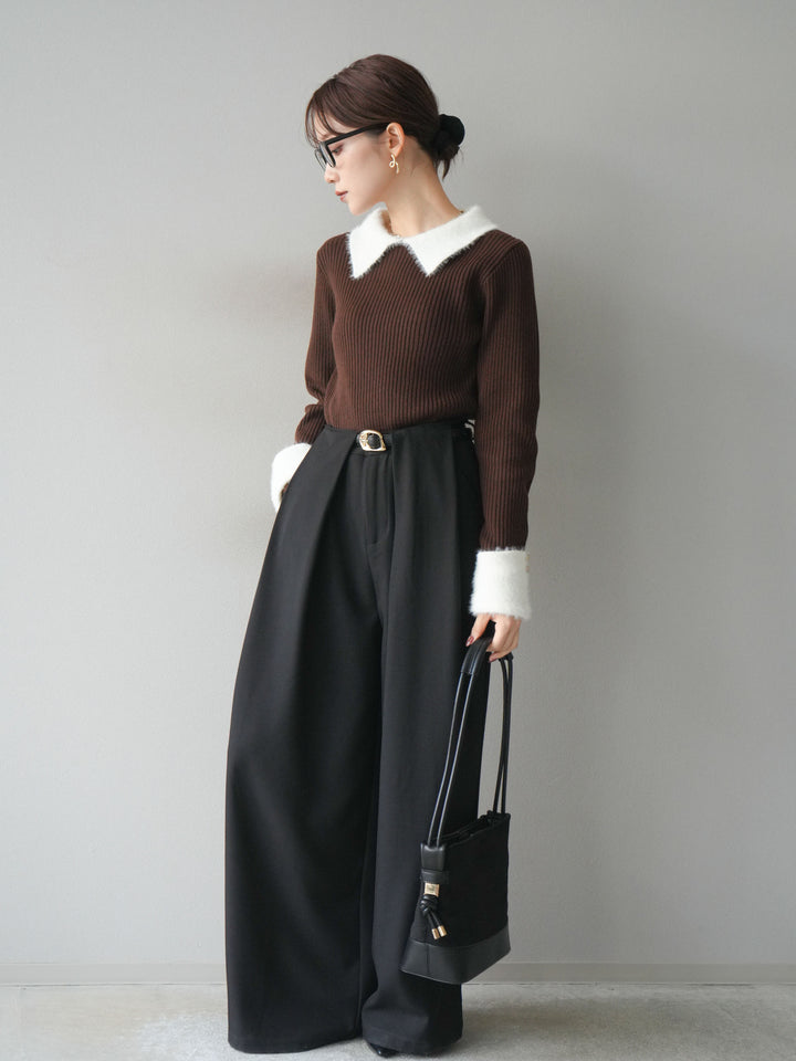 [SET]シャギー襟リブニットトップス+ベルトループデザインワイドパンツ(2set)
