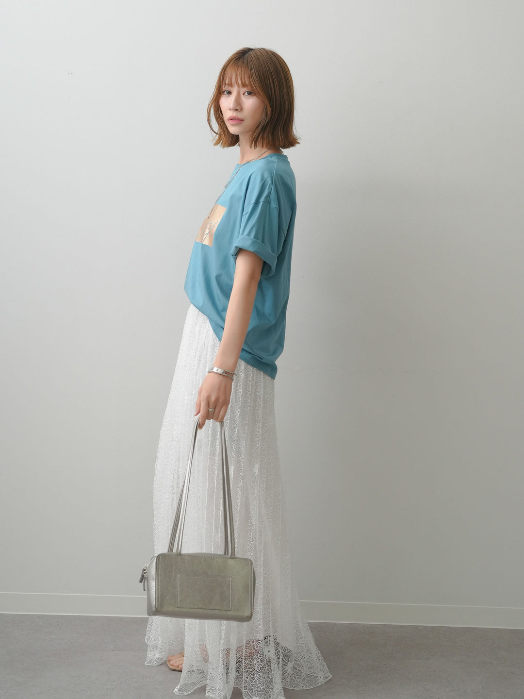 [SET]箔プリントボックスTEE+フローラルレースプリーツスカート(2set)