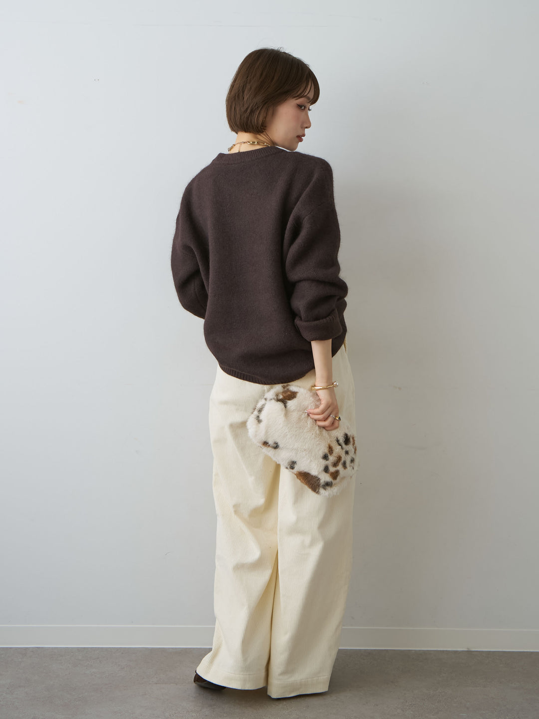 [SET]ソフトシャギークルーネックプルオーバー+ベルト付コーディロイワイドストレートパンツ(2set)