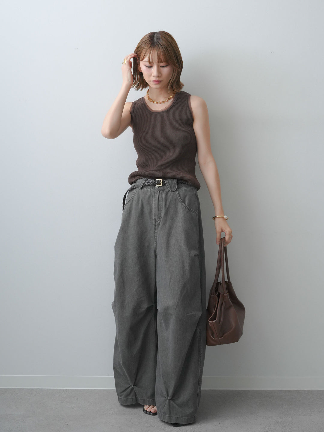 [SET]チュールトリムリブニットタンクトップ+ウォッシュタックカーブパンツ(2set)