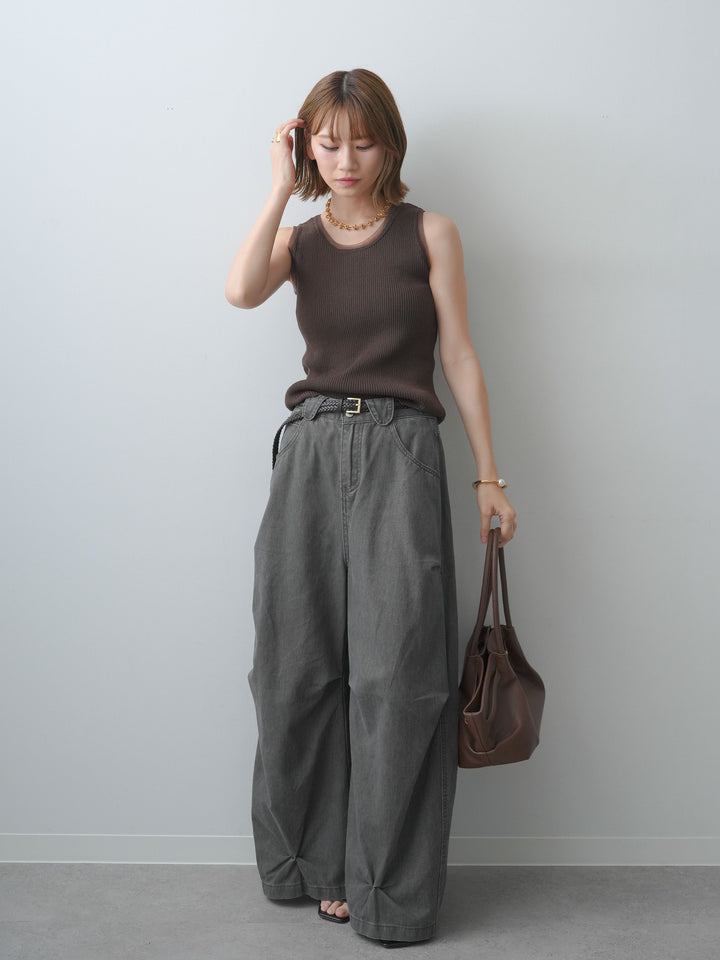 [SET]チュールトリムリブニットタンクトップ+ウォッシュタックカーブパンツ(2set)
