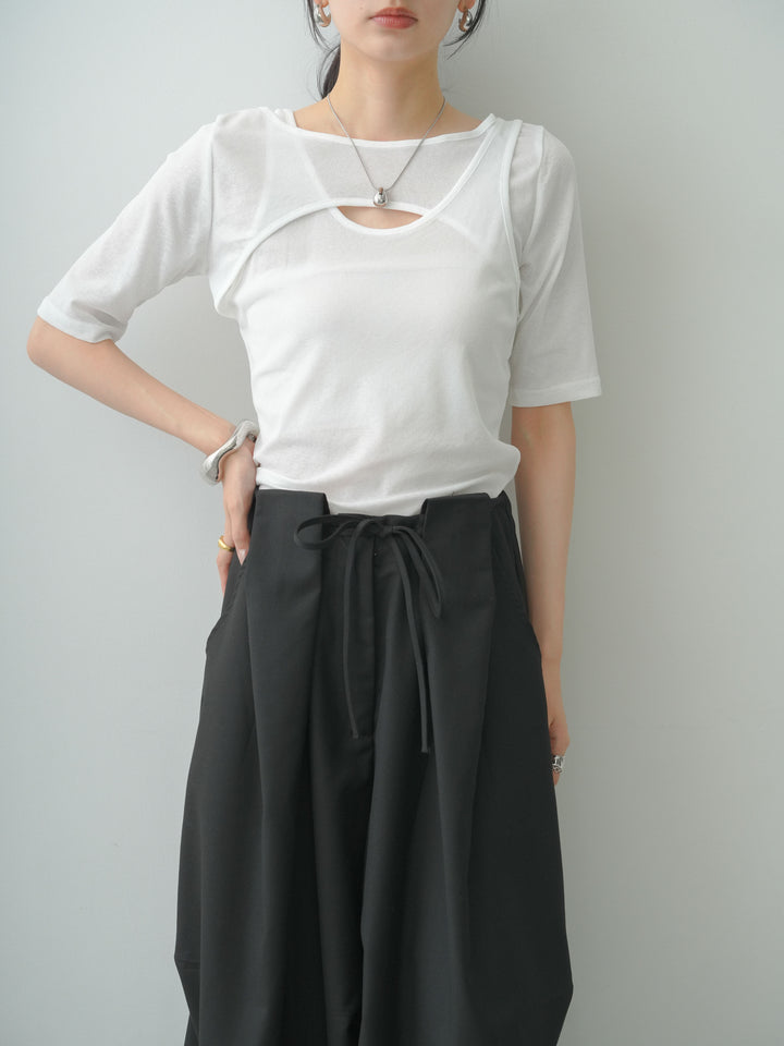 [SET]前後2wayシアーアシメレイヤード風TEE+ベルトループカーブタックワイドパンツ(2set)