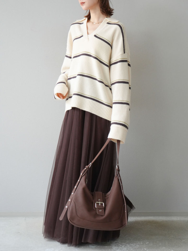 [SET]ポロ襟スキッパーボーダーニットプルオーバー+チュールボリュームスカート(2set)