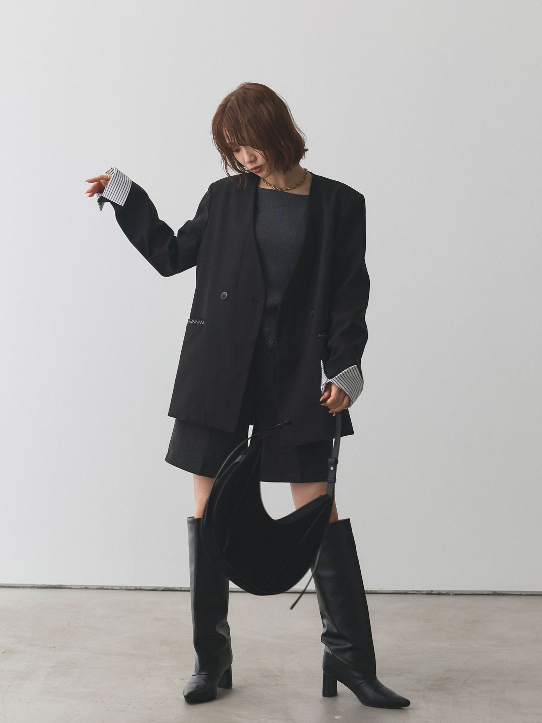 [予約]シャツカフスフロントスリットニットプルオーバー/グレー