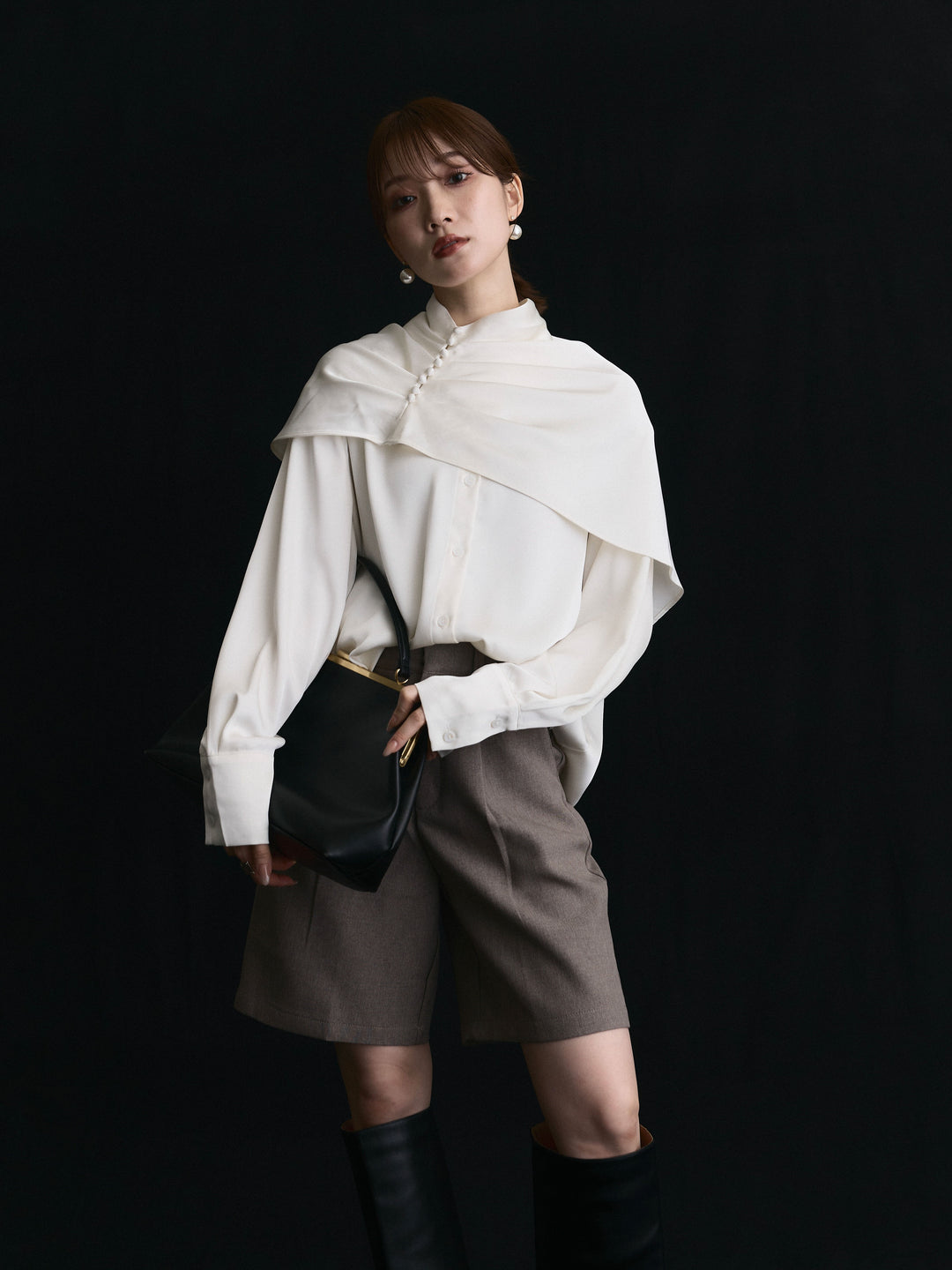 【Allure】[SET]ケープ付サテンシャツ+ウールライクハーフパンツ(2set)