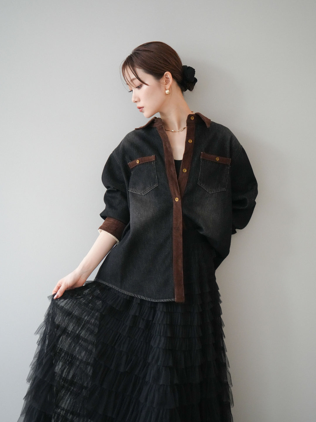 [予約]裏起毛コーデュロイ襟デニムシャツジャケット/black