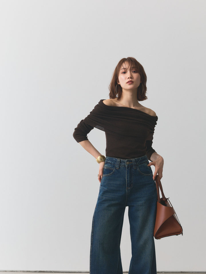 【Allure】[SET]オフショルニットトップス+サイドタックヴィンテージワイドデニム(2set)