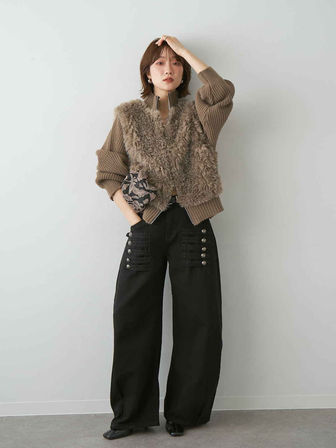 [SET]ファーコンビニットブルゾン+ナポレオンコットンカーブパンツ(2set)