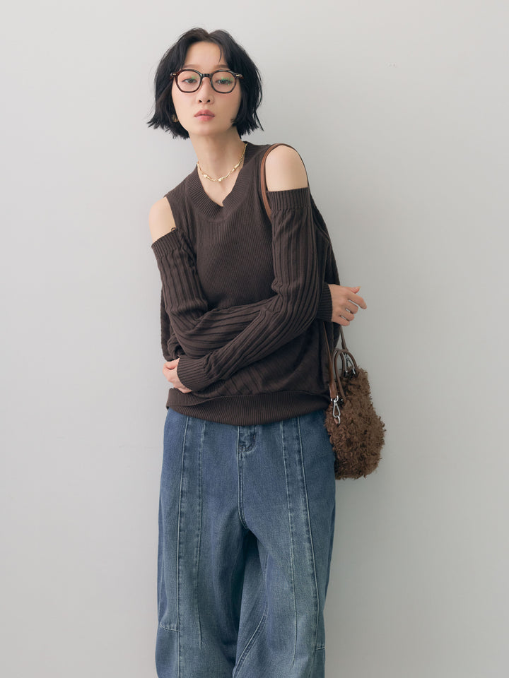 [予約]ショルダーオープンリブデザインニットトップス/brown