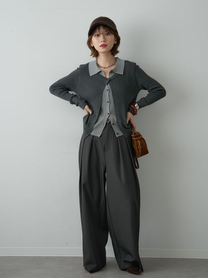[SET]フロントレイヤードデザインリブニットシャツ+ツイルタックワイドパンツ(2set)