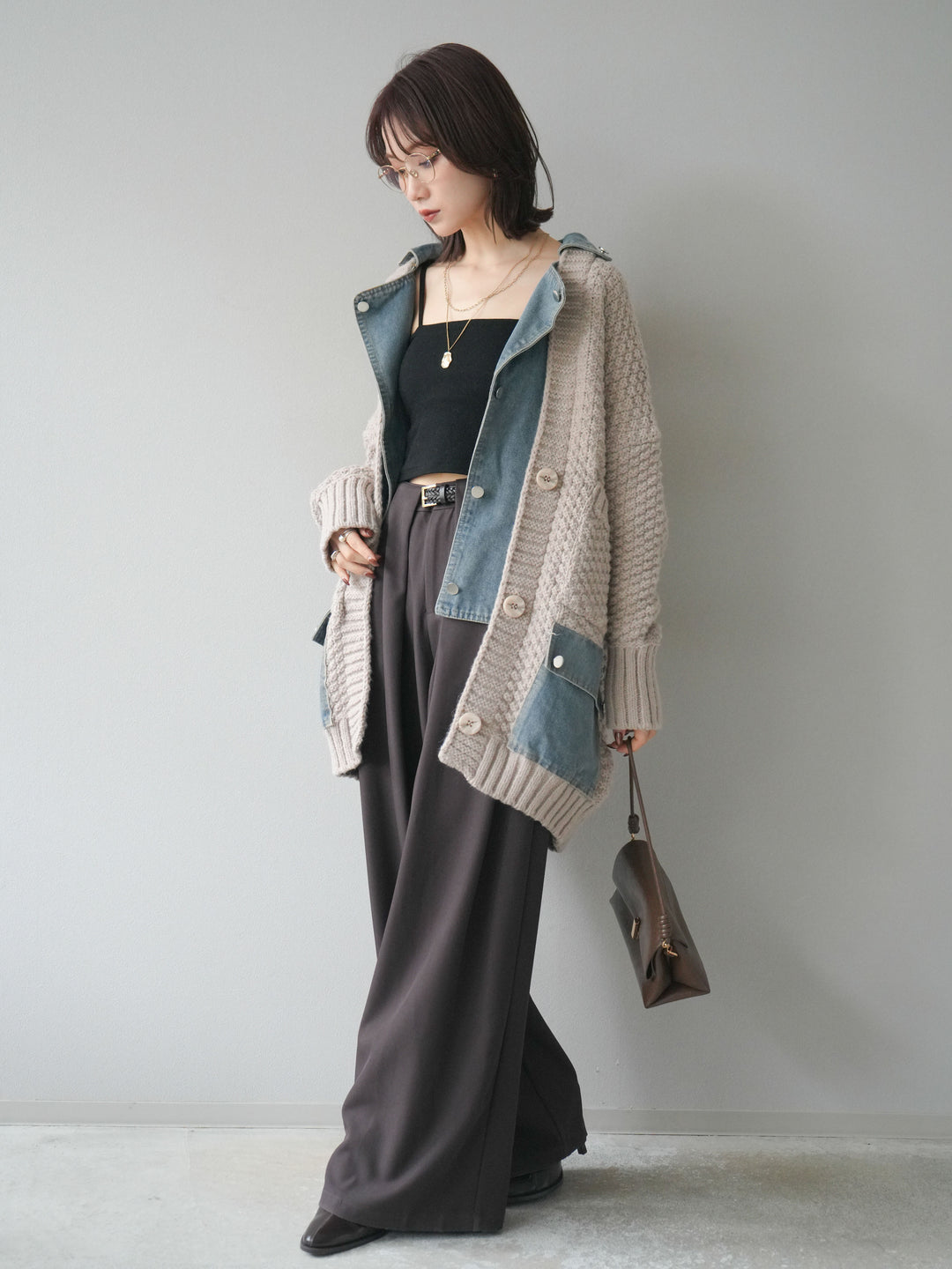 [SET]デニム襟レイヤードニットジャケット+ベルトループデザインワイドパンツ(2set)