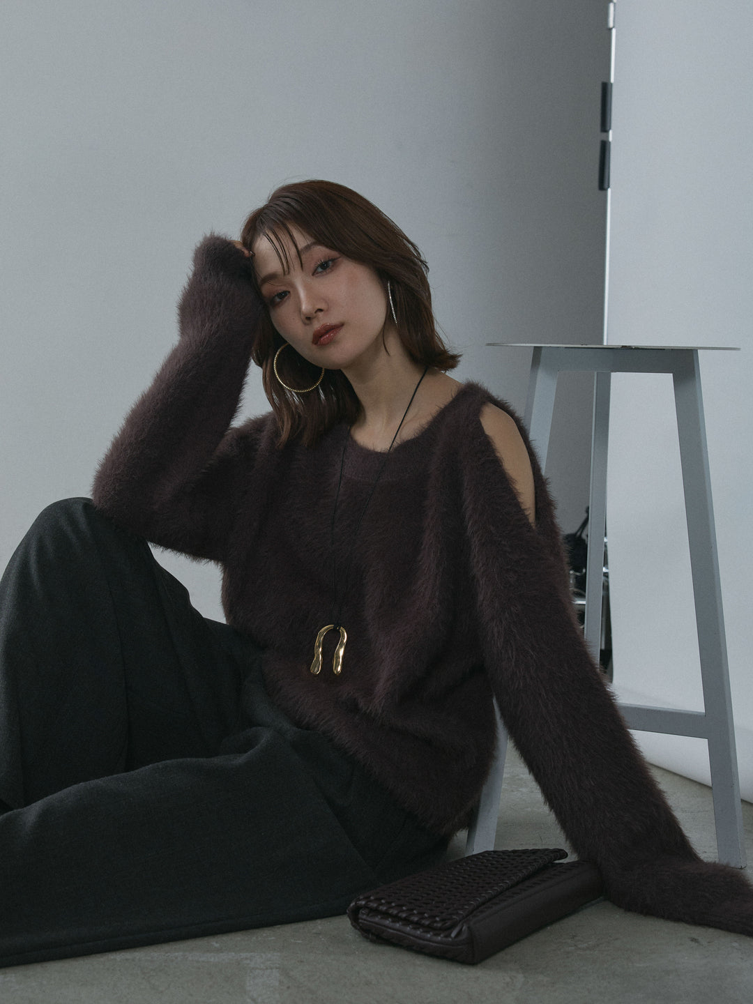 [予約]ショルダースリットシャギーニットプルオーバー/brown