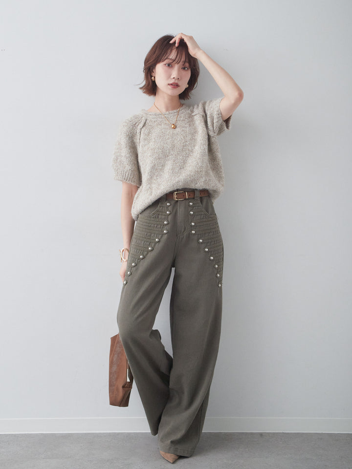 [SET]メランジショートニットトップス+ナポレオンワイドストレートパンツ(2set)